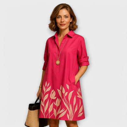 Vestido de camisa moderno con cuello y mangas tres cuartos Vestido de camisa moderno con cuello y mangas tres cuartos A minha loja Pink XS 