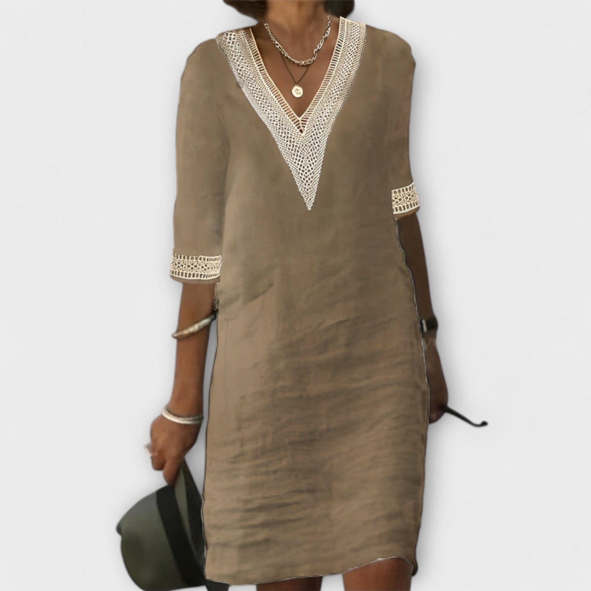 Vestido de mujer de algodón y lino Vestido de mujer de algodón y lino A minha loja Khaki S 