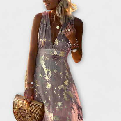 Vestido fluido con escote en V y detalles de lentejuelas Vestido fluido con escote en V y detalles de lentejuelas A minha loja 