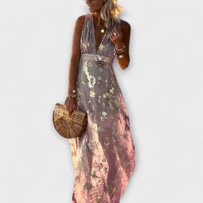 Vestido fluido con escote en V y detalles de lentejuelas Vestido fluido con escote en V y detalles de lentejuelas A minha loja Pink XS 